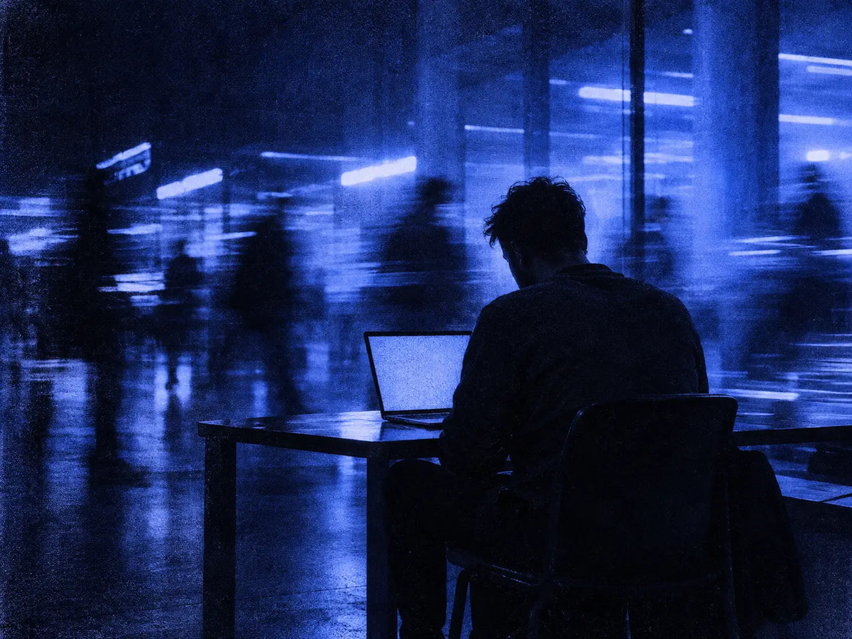 A man pauses at his laptop during a busy workday